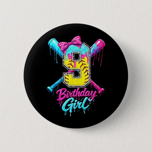 Meisje 9e verjaardag Softbal Ijs Drip Ronde Button 5,7 Cm (Voorkant)