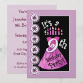 Meisje 9e Verjaardagsfeestje Uitnodiging ROZE kaar (Voorkant / Achterkant)