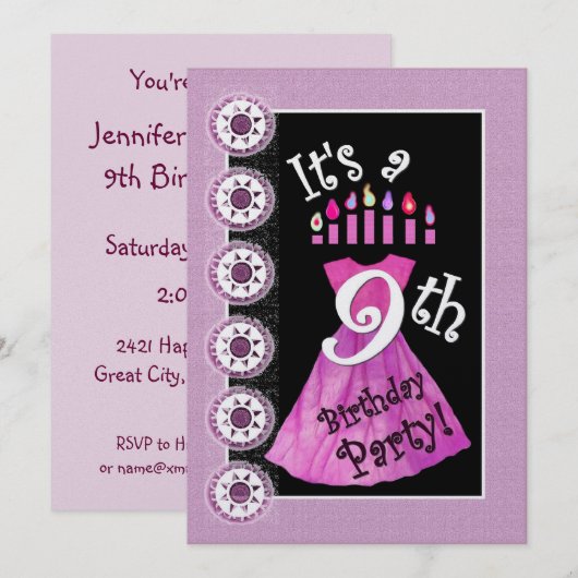 Meisje 9e Verjaardagsfeestje Uitnodiging ROZE kaar (Voorkant / Achterkant)