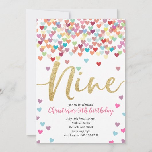 Meisje 9th Birthday Heart Confetti Rainbow Glitter Kaart (Voorkant)