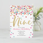 Meisje 9th Birthday Heart Confetti Rainbow Glitter Kaart (Staand voorkant)