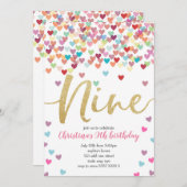 Meisje 9th Birthday Heart Confetti Rainbow Glitter Kaart (Voorkant / Achterkant)