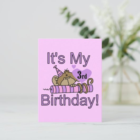 Meisje Aap 3e Verjaardag Tshirts en geschenken Briefkaart (Staand voorkant)