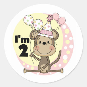 Meisje Aap in Party Pet 2e Verjaardag Ronde Sticker
