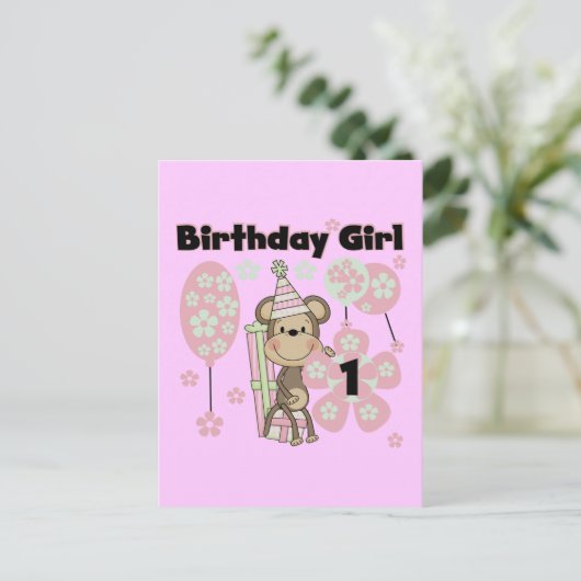 Meisje Aap Met Cadeaus 1e Verjaardag Tshirts Briefkaart (Staand voorkant)