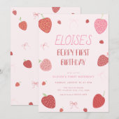 Meisje Aardbei Berry Eerste Verjaardag Uitnodiging (Voorkant / Achterkant)