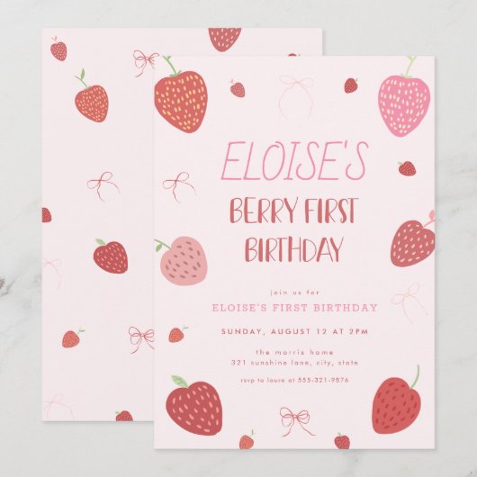 Meisje Aardbei Berry Eerste Verjaardag Uitnodiging (Voorkant / Achterkant)
