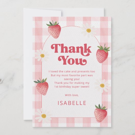 Meisje aardbei bessen eerste 1e verjaardag feest bedankkaart (Voorkant)