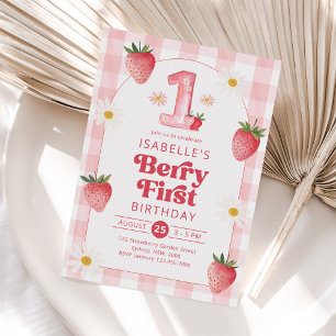 Meisje aardbei bessen eerste 1e verjaardag feest kaart