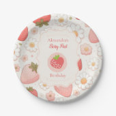 Meisje aardbei bessen eerste 1e verjaardag feest papieren bordje (Voorkant)