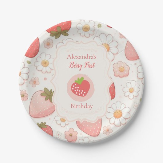 Meisje aardbei bessen eerste 1e verjaardag feest papieren bordje (Voorkant)