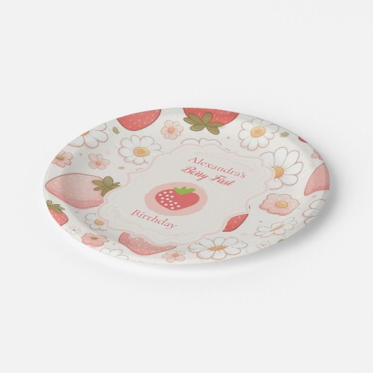 Meisje aardbei bessen eerste 1e verjaardag feest papieren bordje (Gekanteld)