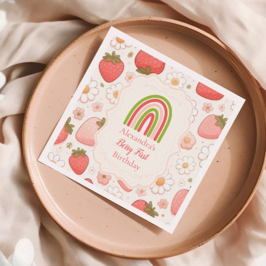 Meisje aardbei bessen eerste 1e verjaardag feest servet