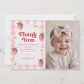 Meisje Aardbeienbes Eerste 1e Verjaardag Foto Bedankkaart (Voorkant)
