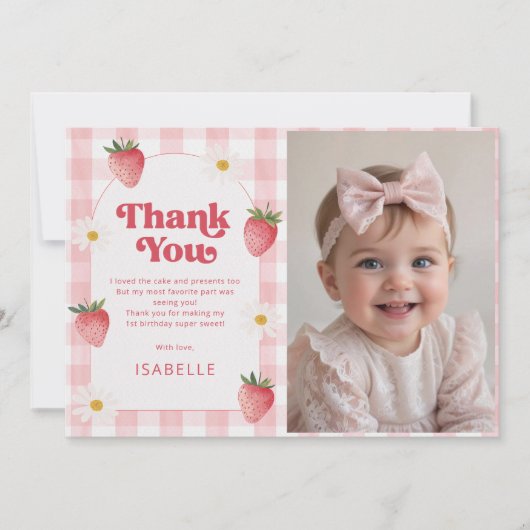 Meisje Aardbeienbes Eerste 1e Verjaardag Foto Bedankkaart (Voorkant)
