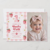 Meisje Aardbeienbes Eerste 1e Verjaardag Foto Kaart (Voorkant)