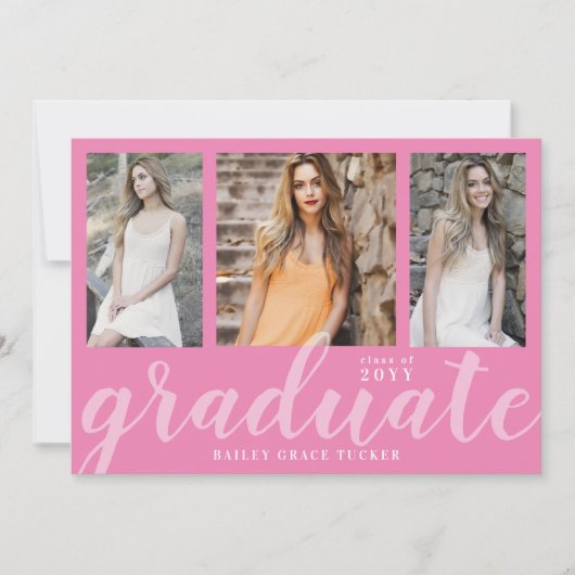 Meisje Afstuderen 3-Foto Collage Pink Afstuderen Aankondiging (Voorkant)