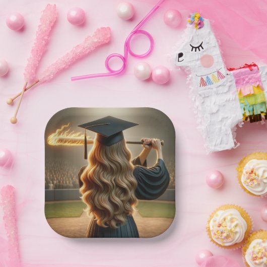 Meisje Afstuderen een vlammende honkbalknuppel Papieren Bordje (Feest)