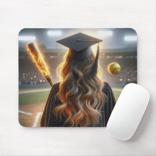 Meisje Afstuderen met softbal en vurige knuppel Muismat (Met muis)