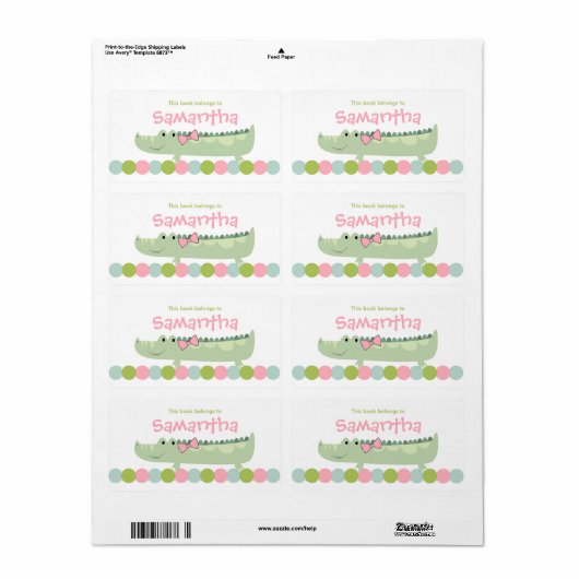 Meisje Alligator Bookplate Label / Boek Bord (Full Sheet)