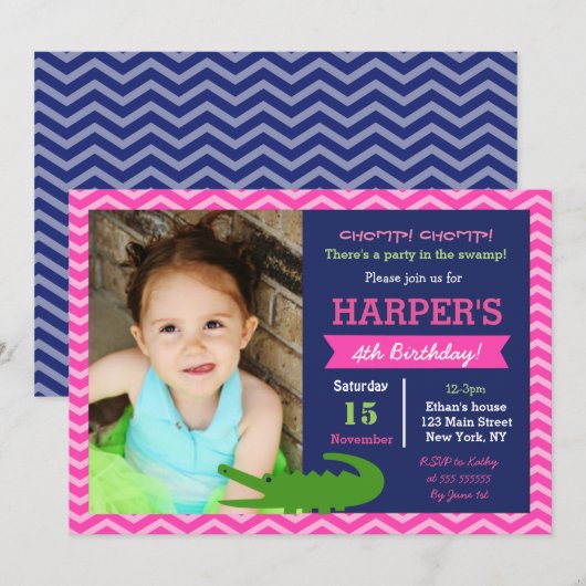 Meisje Alligator Verjaardagsfeestje Uitnodigingen (Voorkant / Achterkant)