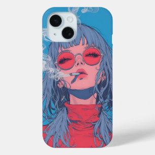 Meisje anime blauw en rood illustratie rook iPhone 15 case
