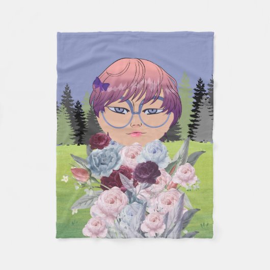 MEISJE ANIME, MET BLOEMEN FLEECE DEKEN (Voorkant)