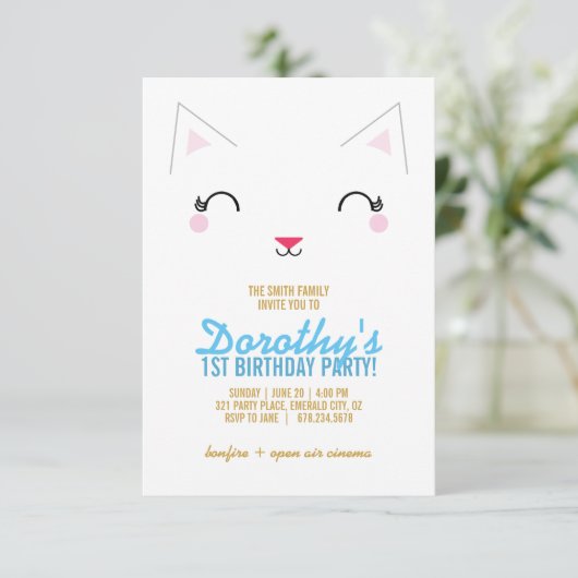 meisje ANY AGE kitty CAT BIRTHDAY party BLUE Kaart (Staand voorkant)