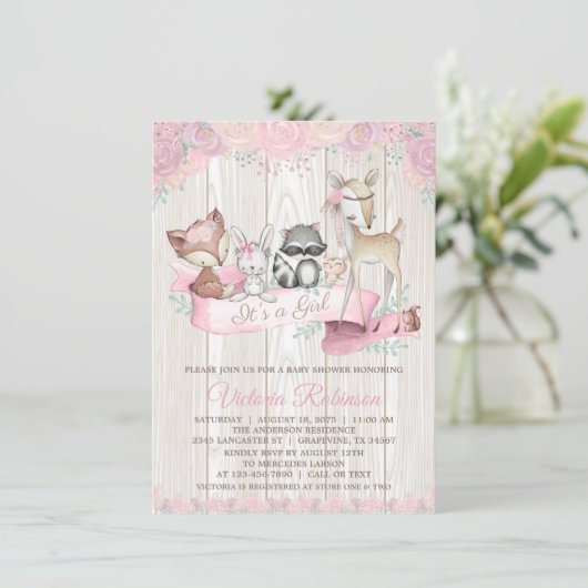 Meisje Aquarel Bos Dier Bloemige Baby Shower Kaart (Staand voorkant)