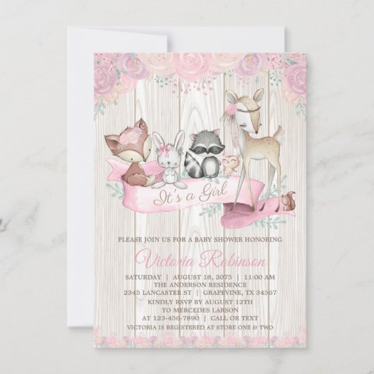 Meisje Aquarel Bos Dier Bloemige Baby Shower Kaart (Voorkant)