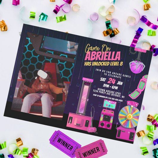 Meisje Arcade Verjaardagsfeest Foto Uitnodiging