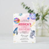 Meisje astronaut buitenruimte raket schip planeet briefkaart (Staand voorkant)