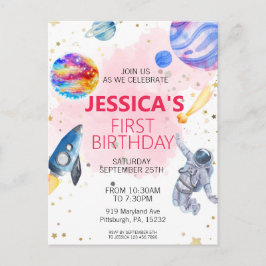 Meisje astronaut buitenruimte raket schip planeet briefkaart