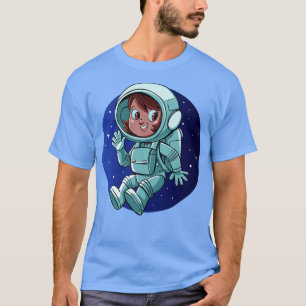 Meisje astronaut in gewichtloosheid drijft in de r t-shirt