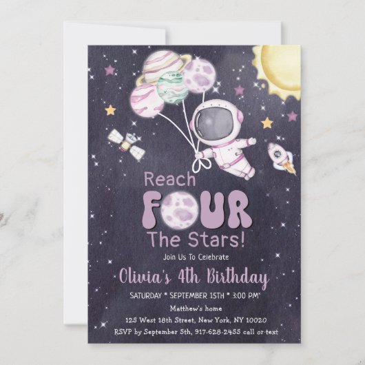 Meisje Astronaut Outer Space Vierde Verjaardagsfee Kaart (Voorkant)
