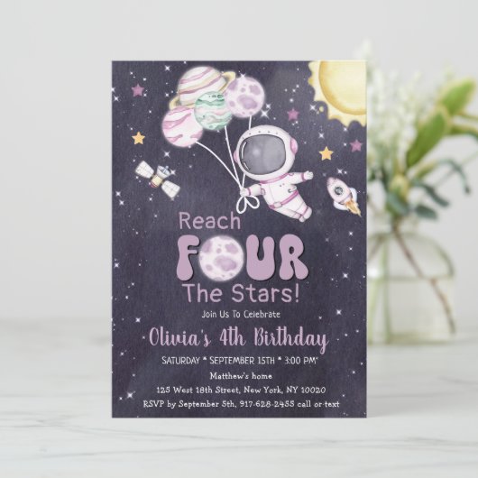 Meisje Astronaut Outer Space Vierde Verjaardagsfee Kaart (Staand voorkant)