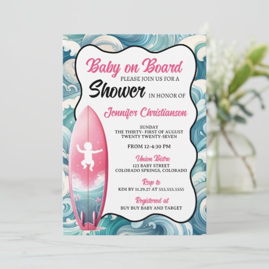 Meisje Baby aan boord Baby shower uitnodiging (Staand voorkant)