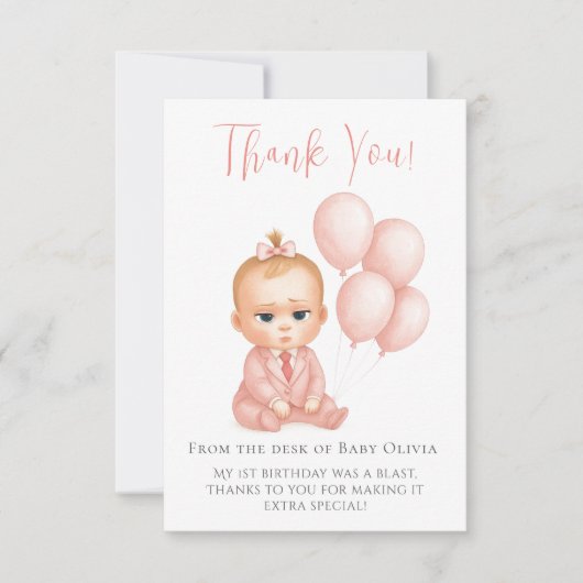 Meisje Baby Baas Bedankt Card – Roze Baas Baby (Voorkant)