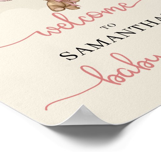 Meisje baby beer roze bruine ballonnen welkomstbor poster (Hoek)