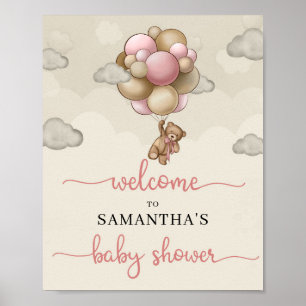 Meisje baby beer roze bruine ballonnen welkomstbor poster
