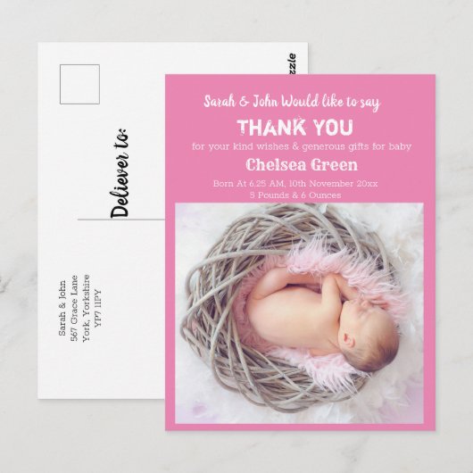 Meisje Baby Geboorte Aankondiging Bedankt Briefkaart (Voorkant / Achterkant)