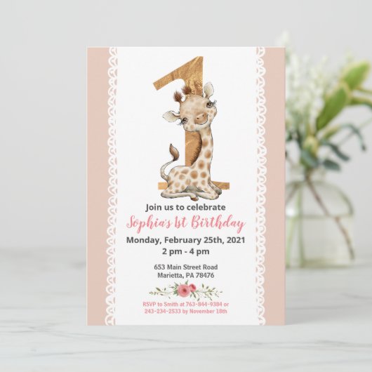 Meisje Baby Giraffe 1e Verjaardagsuitnodiging Kaart (Staand voorkant)