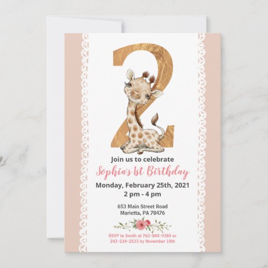 Meisje Baby Giraffe 2e verjaardag Uitnodiging (Voorkant)