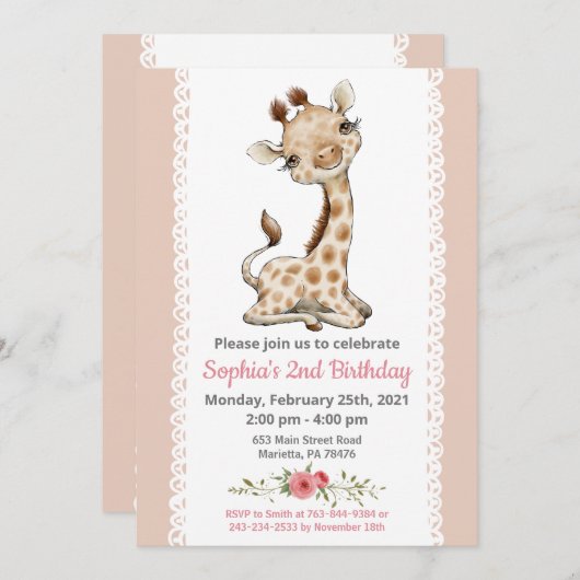 Meisje Baby Giraffe Verjaardagsfeestuitnodiging Kaart (Voorkant / Achterkant)