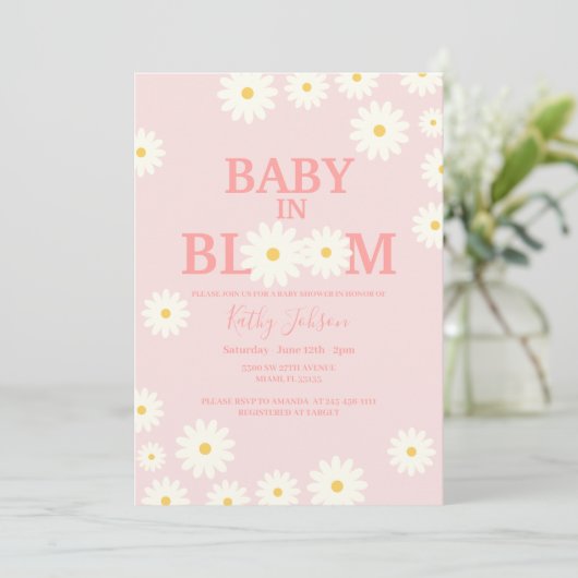 Meisje Baby in Bloom Daisy Bloemen Roze Baby showe Kaart (Staand voorkant)