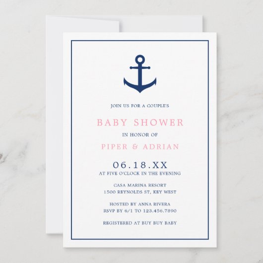 Meisje Baby Nautical Pink Blue Anchor Couples Show Kaart (Voorkant)