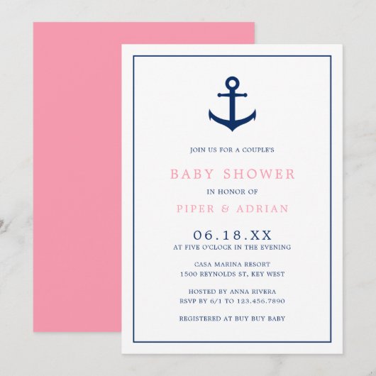 Meisje Baby Nautical Pink Blue Anchor Couples Show Kaart (Voorkant / Achterkant)