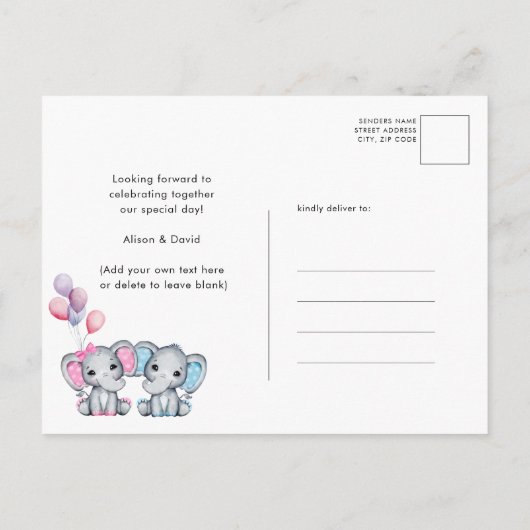 Meisje Baby Olifant Roze Ballonnen SIP EN SEE Uitnodiging Briefkaart (Achterkant)