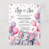 Meisje Baby Olifant Roze Ballonnen SIP EN SEE Uitnodiging Briefkaart (Voorkant)