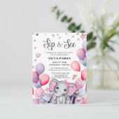 Meisje Baby Olifant Roze Ballonnen SIP EN SEE Uitnodiging Briefkaart (Staand voorkant)